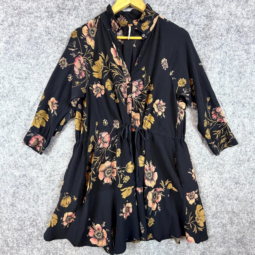 Free People Shirt Dress Womens Small Black Dark Romantic Boho Floral Cinch Waist